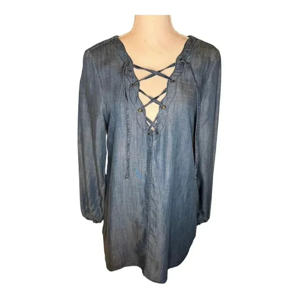 AMERICAN EAGLE‎ OUTFITTERS Size Medium Lace Up Denim Look Chambray Shirt Dress